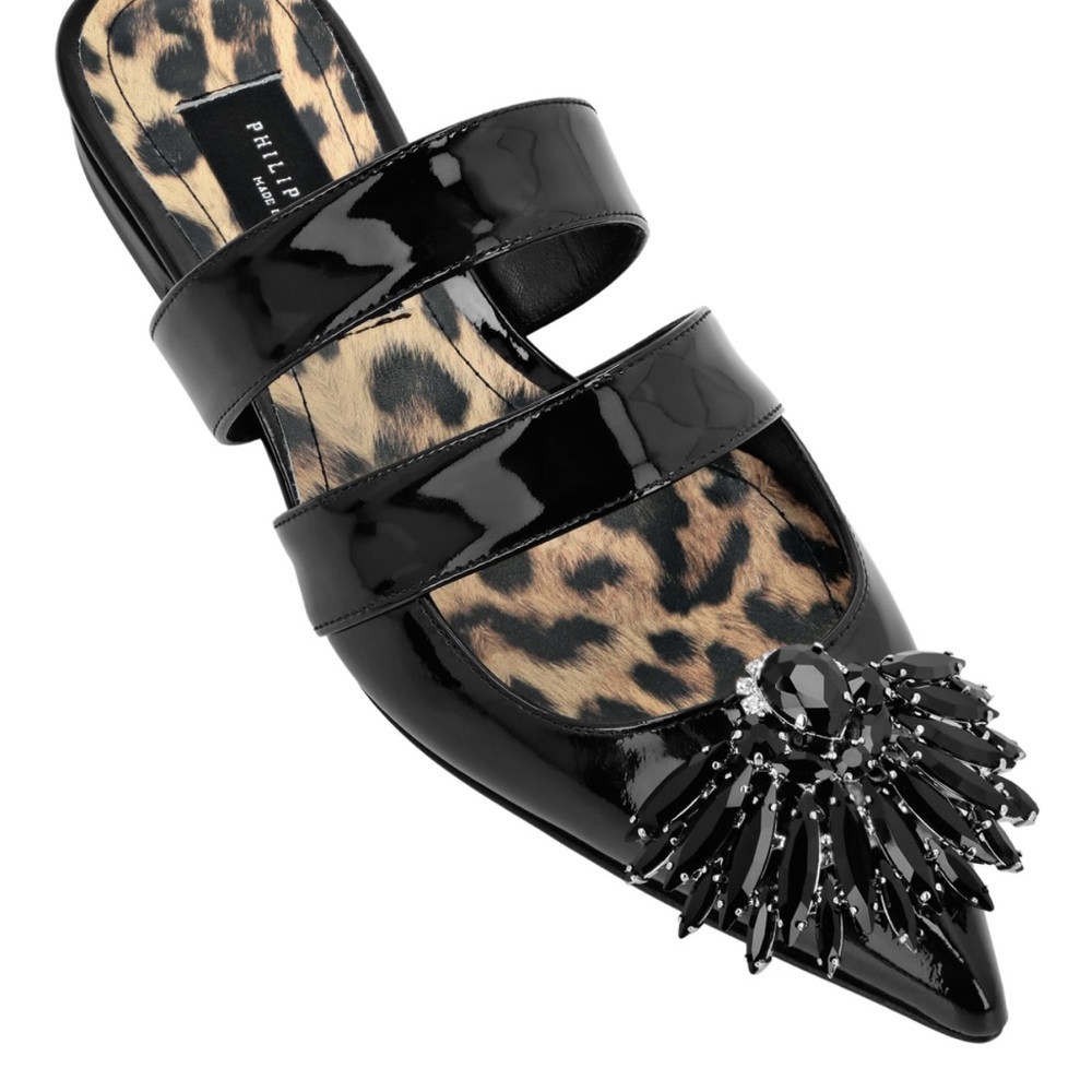 Philipp Plein Black Patent Mules with Jewel Accent